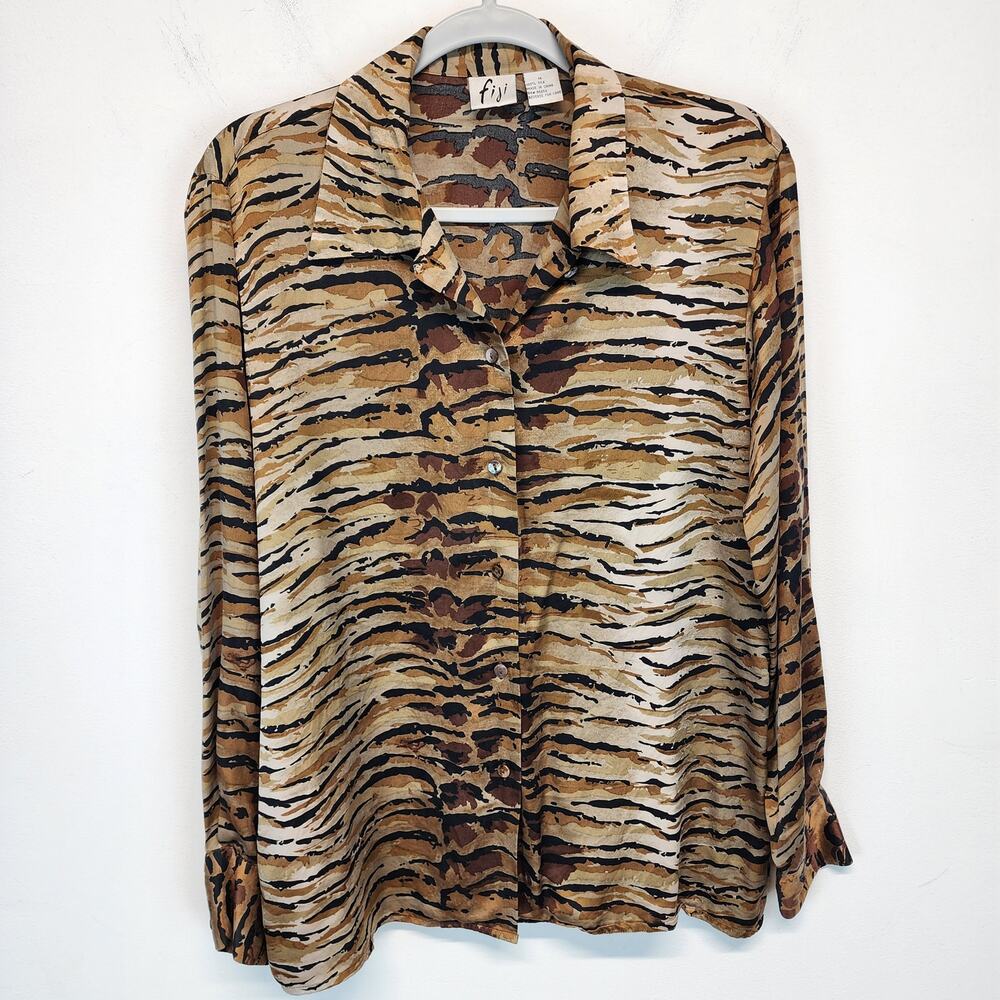 Womens Zebra Silk Blouse Size M Brown Tan Relaxed Button Front Career Vintage